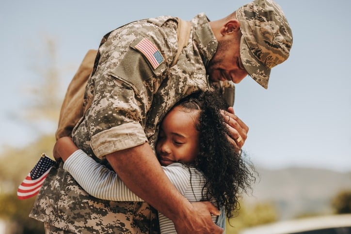 A man in military attire hugging his young daughter